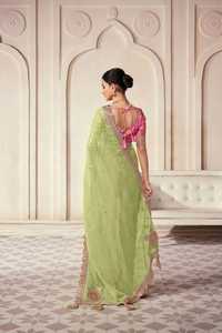 Thanh Lịch Màu Xanh Lá Cây Lưới Saree Với Nặng Thêu Ren Biên Giới Và Màu Hồng Áo Thiết Kế Partywear Ấn Độ Dân tộc Ăn Mặc Cho Phụ Nữ - Product Image 4