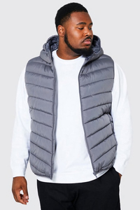 Charcoal Grey Unisex Bomber Style Polyester Zip through Gilet Winter <b>Quilted</b> Plus Size with Fur Collar Hood Available All Colors - Product Image 4