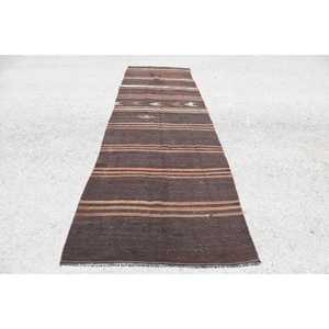 Vintage Kilim Rug 3.9x12.9 ft, <b>Brown</b> White Plants & trees <b>Wool</b> Turkish Rug - Product Image 1