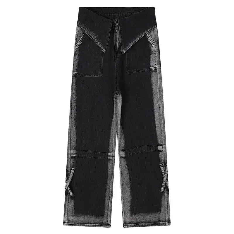 Pantalones vaqueros negros rectos con diseño de pierna ancha de moda informal de mezclilla con cremallera