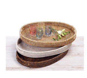 Plateau de service en bois décoratif rectangulaire avec poignée en métal, plateau en rotin tissé à la main de haute qualité - Product Image 6