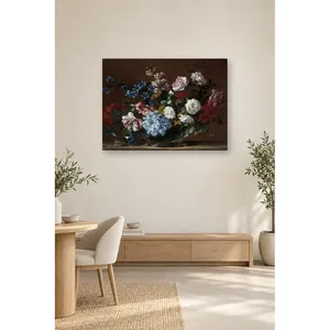 Impresión en lienzo de naturaleza muerta con hortensias azules y rosas en una cesta de Fida - Product Image 2