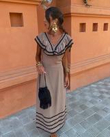 Vestido Midi Formal Boho con Cuello Cuadrado, Tejido Transpirable, Capa Transparente de Algodón, Ribete en Contraste, Sin Mangas, Ajustado, Color Sólido Natural
