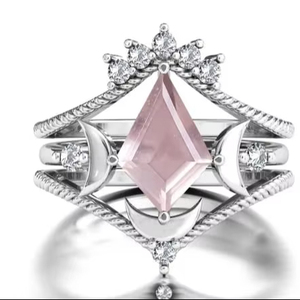 Anillo de compromiso clásico antiguo de plata de ley con cuarzo rosa, conjunto de anillos nupciales en forma de cometa para bodas y fiestas - Product Image 1