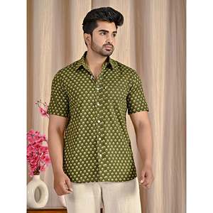 Chemise Homme Décontractée en Coton Popeline Vert Imprimé à Manches Courtes, Col Boutonné, Coupe Boxy Élégante, Respirante, Produit ODM - Product Image 4