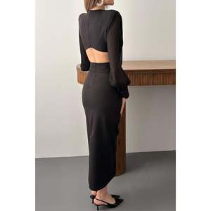 Robe noire avec manches en mousseline et détail à la taille au dos - Noir - Product Image 6
