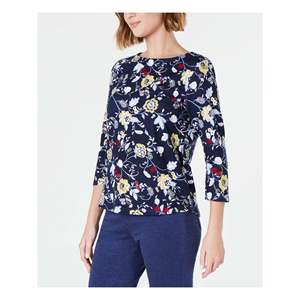 Charter Club Top casual da donna con scollo a barchetta e maniche a 3/4 con stampa floreale, blu, taglia grande - Product Image 1