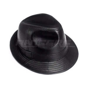 Chapeau Trilby en cuir véritable, chapeau Fedora en cuir noir pour hommes, étiquette privée personnalisée, vente en gros de chapeaux en cuir - Product Image 1
