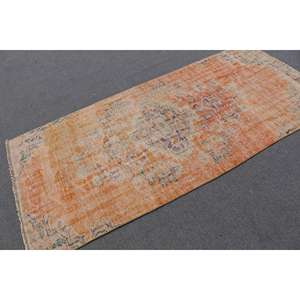 Alfombra Turca, Alfombra Vintage de 3.5x7.6 pies, Alfombra de Lana con Diseño a Cuadros Naranja y Azul - Product Image 2