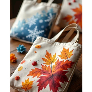 Sac fourre-tout en toile de coton avec motif de feuille d'érable peint à la main, en beige naturel avec impression orange et jaune, conçu pour un usage quotidien réutilisable - Product Image 1