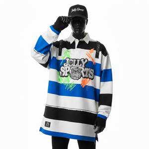 Camiseta de Rugby para Hombre de Alta Calidad, Mezcla de Algodón y Poliéster de 280 GSM, Paneles a Rayas Blancas y Azul Intenso, Diseño de Logotipo Personalizado, Ropa Casual - Product Image 4