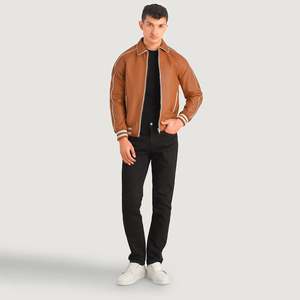 Cooper Tan Brown <b>Sheepskin</b> Leather Bomber <b>Jacket</b> Men's Winter Casual Vintage Style Standing Collar Embroidered Chains Decoration - Product Image 3