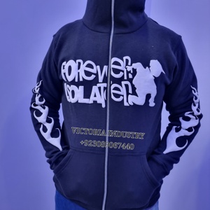 Ensemble de pantalons à capuche zippés pour hommes, vêtements de rue d'été, veste en coton avec logo personnalisé, fermeture éclair complète et impression bouffante, grande taille disponible - Product Image 3