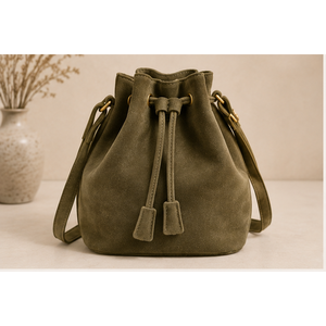 Modern Waterproof Olive Green Genuine Cow <b>Suede</b> Leather <b>Bucket</b> <b>Bag</b> for Women-Drawstring Closure with Custom Logo - Product Image 1