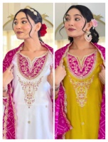Ensemble Kurta Pant Dupatta Élégant pour Femmes en Viscose Pure avec Broderie et Travail de Séquence Parfait pour les Soirées Mariages Tenues de Fête