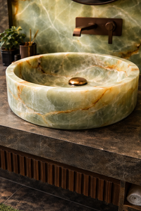 Lavabo de baño de ónix verde premium, lavabo redondo de piedra hecho a mano, lavabo de mármol de lujo para decoración interior de baños - Product Image 3