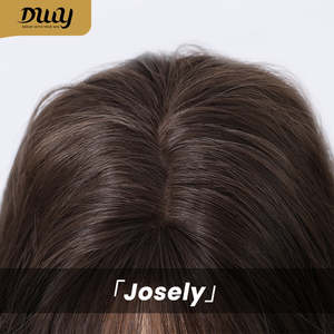 Perruque synthétique sans colle Josely-DWY pour femme, fabriquée à la machine, style ombré, longue et ondulée, avec frange droite, brun foncé et blond clair - Product Image 3