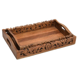 Plateau de service en bois de manguier sculpté à la main avec poignées découpées Plateau rectangulaire en bois décoratif pour la décoration de la maison Plateau de service - Product Image 5