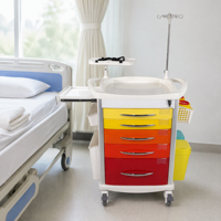 Chariot médical d'urgence professionnel moderne pour hôpital, avec verrouillage centralisé, en ABS, 5 tiroirs, support pour perfusion et étagère pour défibrillateur
