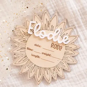 Flor de girasol de madera para regalo de feliz cumpleaños para niños, decoración de pared interior con nombre detallado grabado bajo petición.