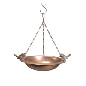 Baño de pájaro de cobre con acabado liso de forma ovalada con cadena colgante y 2 pájaros pequeños para jardín, balcón, uso decorativo al aire libre - Product Image 4