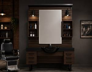 Luxury Modern <b>Walnut</b> Barber Station Double Mirror Storage <b>Cabinet</b> Black Sink Professional Salon Styling Unit Custom Furniture - Product Image 5