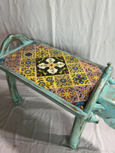 Handcrafted Rajasthani Hand-Painted Wooden Elephant Face Tiles Fitted Antique Finish Nighstand Bedside End Table - Product Image 6