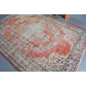 พรมตุรกีวินเทจขนาดใหญ่6.3x8.7ฟุตสี่เหลี่ยมผืนผ้าปะต่อสีส้มเบจผ้าขนสัตว์ลาเท็กซ์สำหรับห้องโถงห้อง - Product Image 4