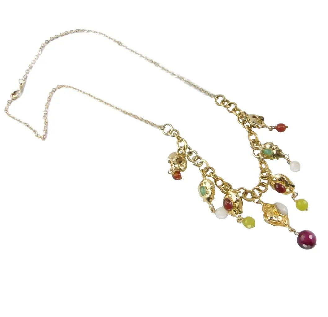 Handmade Italian Brass Necklace with Classic Charms and Natural Stones Length 24 Inches  Made in Italy For Export
