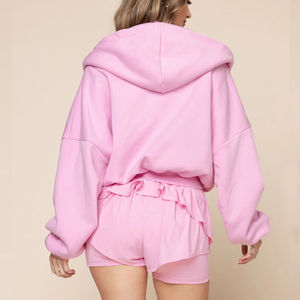 ชุดเซ็ต 2 ชิ้นสำหรับผู้หญิง แบบสั่งทำพิเศษ ลายปั๊มนูน ผ้าถักเรียบ สีพื้น เสื้อสเวตเชิ้ตและเสื้อฮู้ดดี้ ความยาวสั้น มีกระเป๋า โลโก้ด้านหน้า - Product Image 3