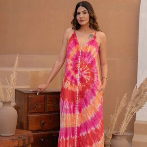 Vestido Midi Tie Dye Rosa Naranja con Estampado Floral Digital, 100% Algodón Ecológico, Vibrante Vestido de Verano para Festivales - Product Image 1