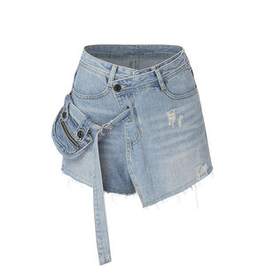 Shorts en toile denim respirants à taille mi-haute et coupe régulière pour femmes, avec fourrure et ceinture, shorts pour femmes - Product Image 3
