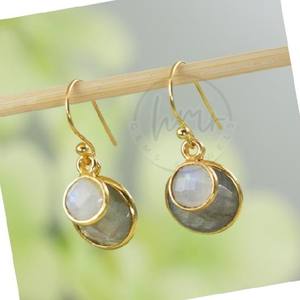 Último estilo chapado en oro plata esterlina 925 labradorita Natural Arco Iris piedra lunar pendiente doble bisel piedras preciosas pendientes colgantes - Product Image 3