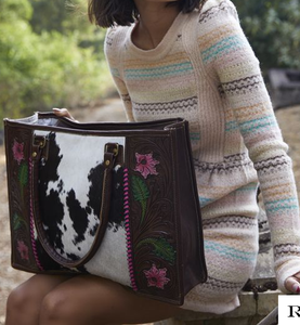 Handcrafted Stylish <b>Women's</b> Colorful Fur Leather Tote Bag Zipper Closure Real Tooling Carving Logo Pattern Travel-Ready Style - Product Image 6