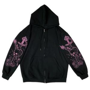 Versión coreana 2025 nueva ropa de calle con cremallera manga Rosa estampado sudaderas con capucha compras Casual Color negro sólido suave y cálido Simple Y2K - Product Image 1