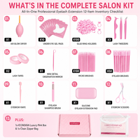 Kit de démarrage pour extensions de cils : applicateurs roses, pinces, supports pour anneaux de colle, bandes adhésives pour cils, tapis de travail et brosse de nettoyage