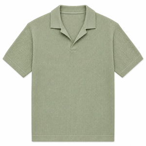 T-shirt en maille texturée de qualité supérieure pour homme, col Johnny ouvert, col en V, coupe décontractée, coton piqué, maille côtelée, style polo, décontracté chic, été - Product Image 1