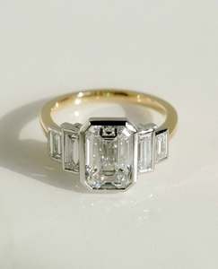 12x8mm <b>Emerald</b> Cut Moissanite Engagement <b>Ring</b> | Three Stone with Graduated Baguette Sides | Gold or <b>Silver</b> Fine Jewelry OEM - Product Image 1