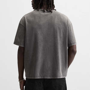 T-shirt pour homme en coton streetwear surdimensionné à col rond côtelé avec broderie et épaules tombantes, lourd et vierge - Product Image 2