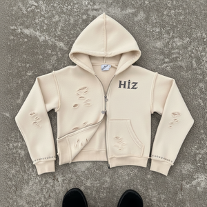 Sweat à capuche zippé personnalisé OEM, épais, déchiré, avec graphique en strass, effet vieilli, style streetwear - Product Image 4