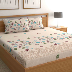 Grey and Green Floral 210TC Pure Cotton <b>Queen</b> Sized <b>Bed</b> <b>Sheets</b> with Pillow Covers Checked Easy Wash bedspreads for Light Winters - Product Image 4