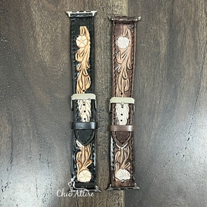 Customized Breathable Hand Tooled Leather Stainless Steel Exclusive Floral Pattern Unisex <b>Watch</b> Band Fits for Apple <b>Watch</b> Strap - Product Image 1