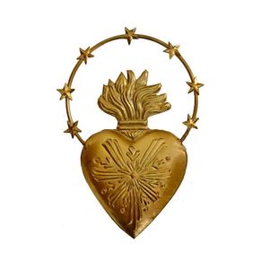 Plaque murale antique en or avec motif de cœur sacré |   Panneau Ex Voto Cœur enflammé vintage en métal |   Décoration religieuse de luxe pour la maison - Product Image 3