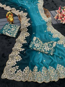 Saree de seda suave pura de diseñador exclusivo con hermoso bordado Trabajo y secuencia Borde de trabajo para bodas y fiestas - Product Image 3