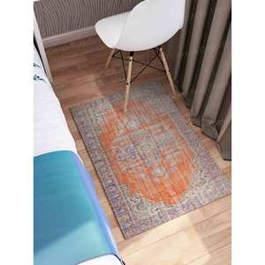 Alfombra de Lana Gruesa Estampada Naranja con Diseño Bohemio Turco de Patchwork, Ecológica, No Tejida, con Respaldo de Látex Suave - Product Image 4