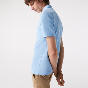 Polo de piqué de algodón elástico 100% azul piedra de corte regular con logotipo bordado personalizado con tapeta de botón oculta y costilla - Product Image 3