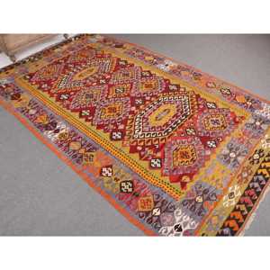 Tapis vintage, tapis turc surdimensionné 6,6x11,1 pieds, tapis en laine rouge Ikat - Product Image 1