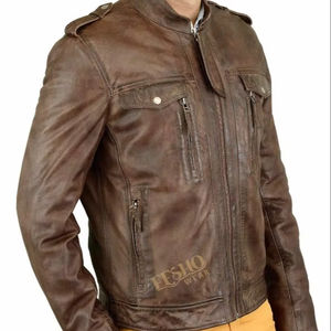 Veste en cuir de mouton gris cendré pour hommes, vêtements d'extérieur à la mode à col montant avec logo à l'avant OEM - Product Image 1