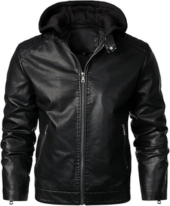 Chaqueta de Cuero con Capucha para Hombre, Chaqueta de Cuero de Alta Calidad con Capucha, Cierre de Cremallera, Corte Ajustado, Color Sólido, Manga Larga, Ropa de Invierno - Product Image 6