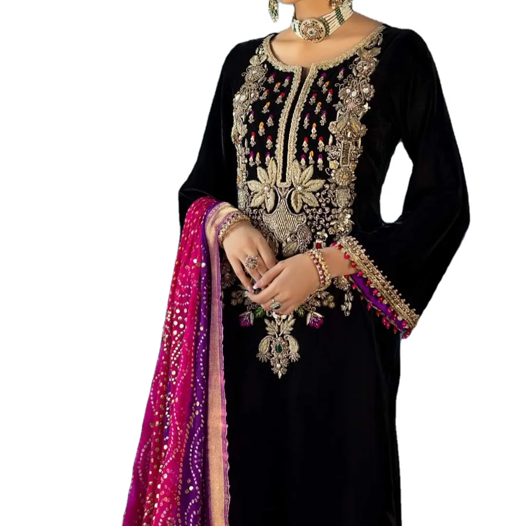 Veludo preto Mulher Salwar Kameez Shalwar 2023 Novos designs de roupas indianas e paquistanesas Chegadas